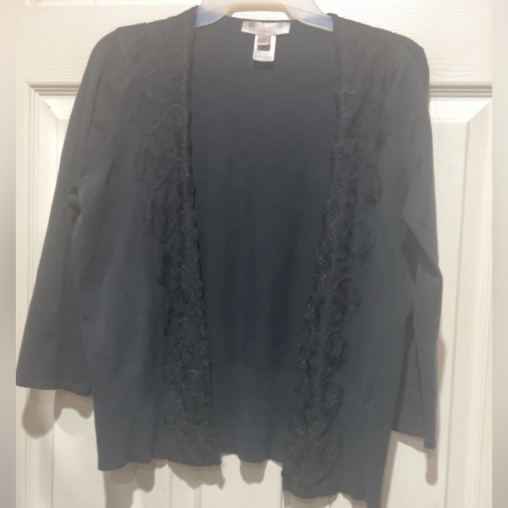 White House, Black Market Silk Black lace cardigan with ruffles Size: XL #lace - Picture 2 of 7